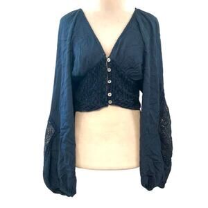Free People Southwest Navy Smocked Waist Balloon Sleeve Crop Top Large